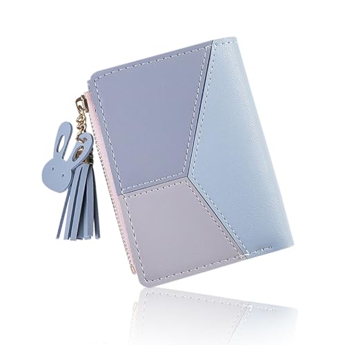 Women Wallet, PU Card Holder Wallet with Metal Snap Button, Small Wallet with Zipper, Bi-fold Wallets with Pendant for Travel(Blue)2
