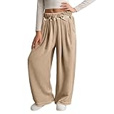 Watonic Girls Velvet Sweatpants Pleated Elastic Waist Straight Baggy Wide Leg Comfortable Joggers Active Pants Beige