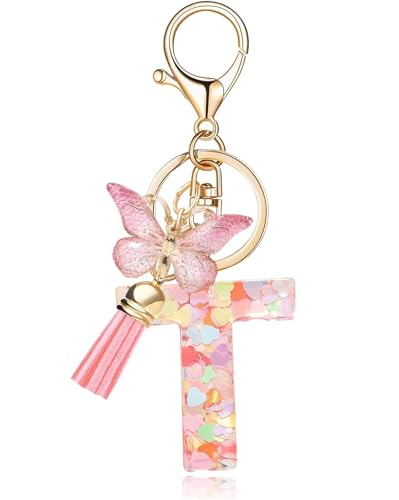 Image of GEOCARTER Lightweight Fashion Initial Letter Key Ring with Butterfly Pendant & Tassel, Stylish Purse Charm for Handbags, Car Keys, Gifts for Girls & Women