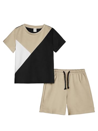 Image of Ayzozuy Boy Clothes Colorblock Top + Drawstring Waist Shorts 2 Pieces Kid Summer Outfits Set