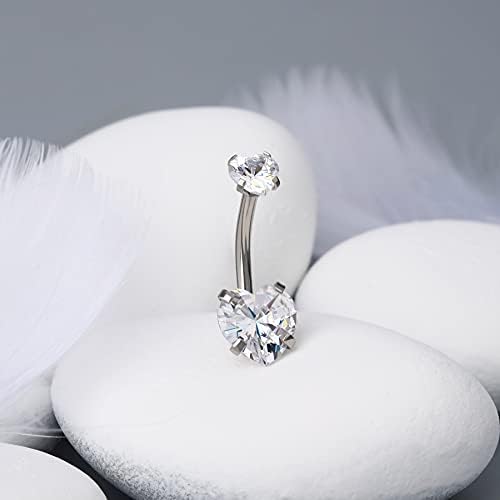 OUFER Belly Bar 14G 1.6mm Surgical Steel Belly Bars Double Shiny Heart Cubic Zirconia Anti-Allergic Navel Bar Barbells Ring 