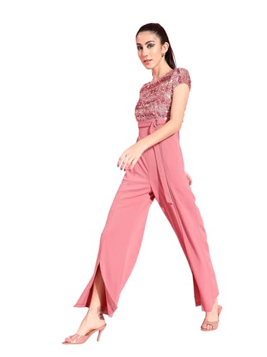 Image of Miss Chase Women's Halter Neck Sleeveless Solid Wide Leg Sequin Paneled Regular Length Jumpsuit