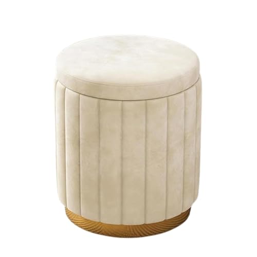 Image of Round Upholstered Velvet Ottoman Seating Stool with Gold Metal Base Multifunctional Makeup Vanity Chair Soft Compact Padded Foot Rest Stool for Living Room Bedroom Cream