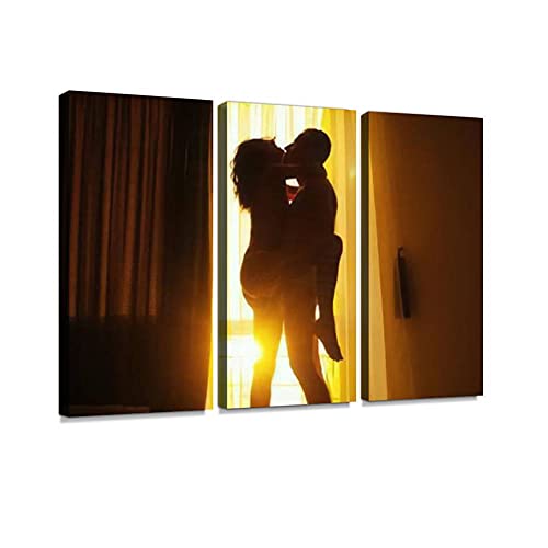 HABEN ARTWORK Interracial couple being intimate in front of window Passionate Wall Art Print On Canvas Wall Artwork Modern Home Decor Unique Photography Stretched and Framed 3 panel