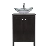 ARTETHYS 24 inch Bathroom Vanity Set Combo Brown MDF Sink Cabinet Vanities with Silver Counter Top Glass Vessel Bowl and 1.5 GPM Faucet