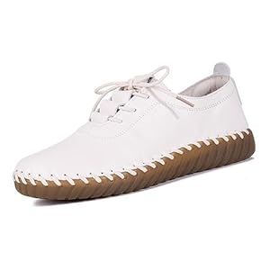 Women’s Leather Hand Stitched Loafers Lace-Up Flats, Casual Breathable Comfortable Soft Sole Walking Shoes, Non-Slip Round Toe Mama Shoes