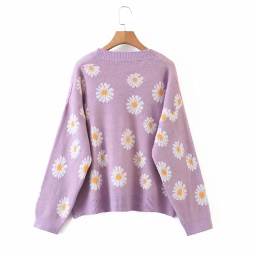 Image of Women's Long Sleeve Cardigan Sweater,Cute Y2K Top Knit Colorful Patterned V Neck Button Outwear S~XL