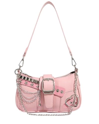 Y2K Pink Heart And Silver Chain Decorated Shoulder Armpit Bag For Women