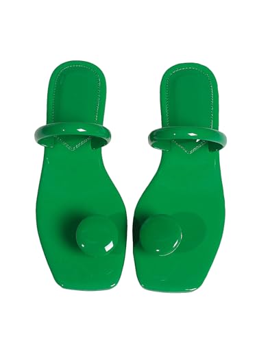 SweatyRocks Women's PU Leather Open Square Toe Thong Sandals Round Decor Outdoor Flat Sandals