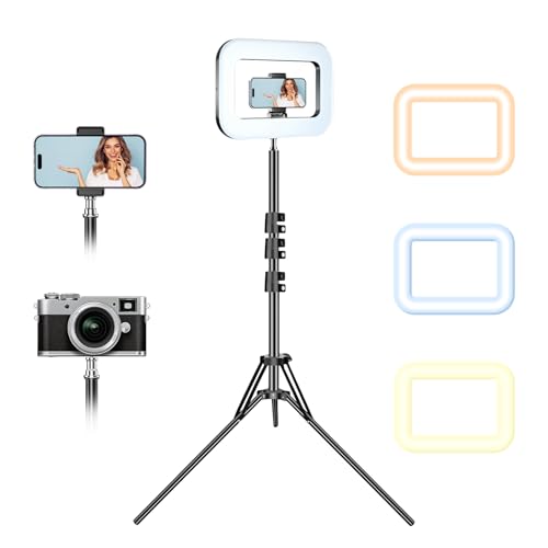 Rechargeable Ring Light with Stand for Video Recording, Dimmable Lighting Tripod for iPhone, Square...