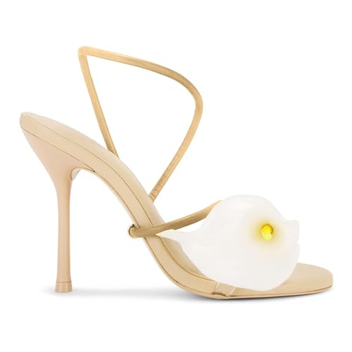 Image of ZJGZF Flower Heels for Women Nude Calla Lilyl Heeled Sandals Wedding Shoes for Bride Sexy Strappy Stiletto Heel Dressy Unique Shoes