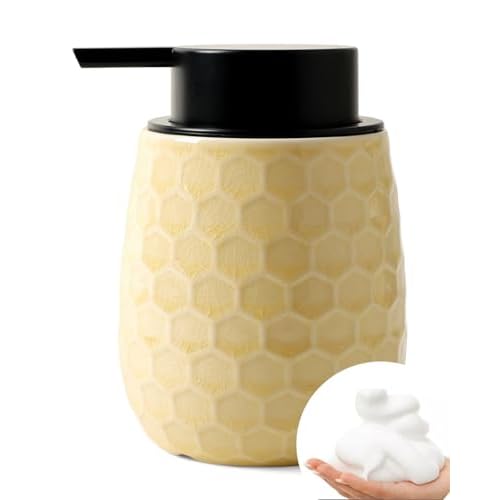 Soap Dispenser, 12OZ Ceramic Liquid Ice Crack Yellow Hand Soap Dispenser with Honeycomb Design for Kitchen or Bathroom, Refillable Dish Lotion Dispenser, ANTIS'S HOME Ice Crack Yellow Liquid