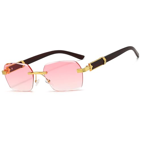 MEGAVOW Rectangulares Sin Montura para Hombre Mujer, Correa Gafas, Corte de Diamante Lente, Patillas de Madera, Gafa Lente Tintadas, Protección UV400, Moda Gafas de Sol Clásicas