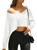 Fisoew Womens Off The Shoulder Cropped Tops Batwing Long Sleeve Loose Fit Summer Boat Neck Workout T Shirts White