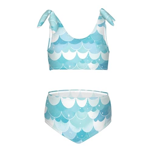 Glitter Teal Mermaid Scales Pattern Girls Two Piecing Kids Bikini Set Scoop Neck Swimsuit Swimming Suits Adjustable Strap