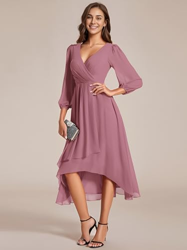 Image of Ever-Pretty Women's Chiffon V Neck Long Sleeves A-Line Midi Length Wedding Guest Dress Cocktail Party Formal Dresses 01926