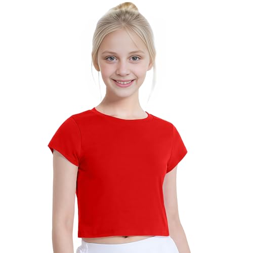 The Fancy Dress Kids Girls Crop Tops, Lightweight Cotton Short Sleeve T Shirt, Summer Casual Wear Trendy Fashion Gymnastic Tee Top Age 5-14 Years (Red, 5-6)
