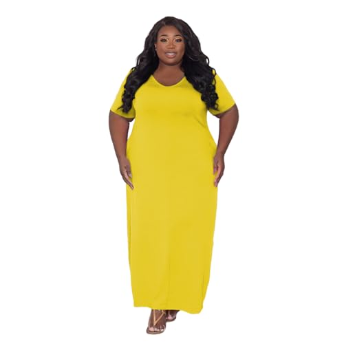 Image of TOPSRANI Womens Plus Size Maxi Dresses for Women Oversize Casual Short Sleeve V Neck Loose Plain Solid Trendy Summer Dress