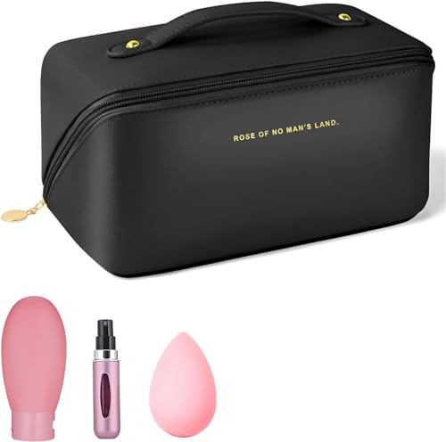 Neceser Maquillaje [Incluye: Difusor de Perfume, Esponja de Maquillaje y Bote Rellenable] - Organizador - Neceser de Maquillaje - Bolsa Cosméticos - Estuche Maquillaje - Compartimento Grandes (Negro)