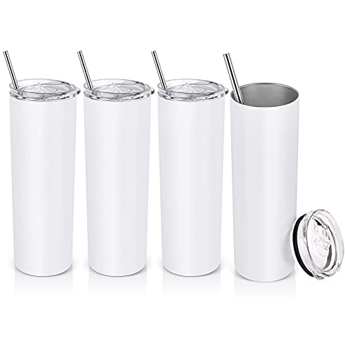 4 Pack Stainless Steel Skinny Tumblers, Insulated Travel Tumblers, 20 Oz Slim Water Tumbler Cup, Double Wall Insulated Tumbler with Lid and Straw, Vacuum Tumbler Travel Mug for Hot Cold Drinks, White