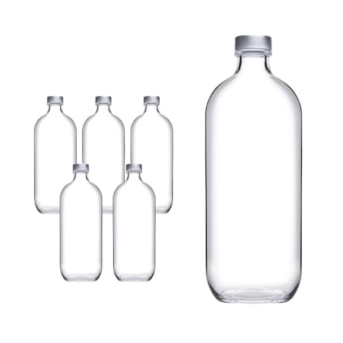 PALUPLUS Set 6 Bottiglie in Vetro Trasparente, Capacità 1000ml, Tappo a Vite con Chiusura Ermetica, Design Elegante, Bottiglia per Acqua e Succhi, Lavabili in Lavastoviglie -0866F
