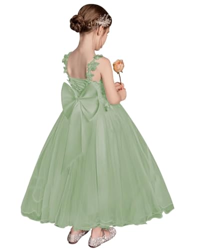 Flower Girl Dress with Bow 3D Floral Applique Spaghetti Strap First Communion Dress Ankle Length Ruffle Tulle Ball Gown