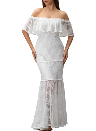 Image of HOYISHION Women's Off The Shoulder Floral Lace Maxi Dress White Bridesmaid Wedding Party Maternity Photoshoot Long Dresses