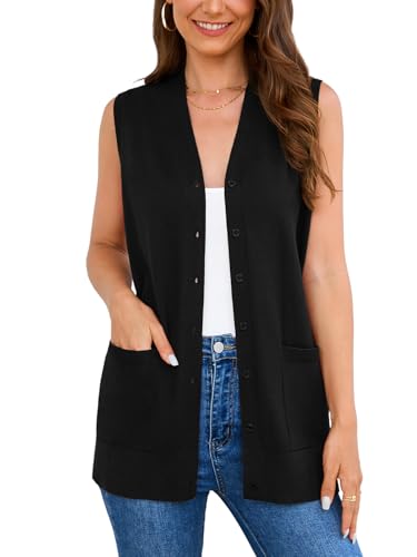 Veryoung Womens 2026 Trendy Black Sleeveless Open Front Cardigan Button Down Sweaters Fashion Casual Soft Knit Office Duster Vests with Cozy Pockets L