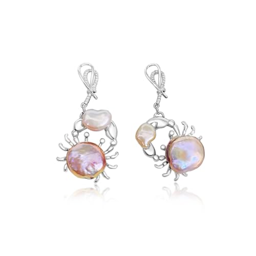 Crab Baroque Pearl Drop Dangle Earrings for Women with Freshwater Pearls Sterling Silver Post | 12mm Pearls | Cancer Astrology Cute Crab Pearl Jewelry for Women Girl | Gift Box