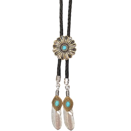 Bolo tie vintage avec pendentif fleur ciselée et plumes