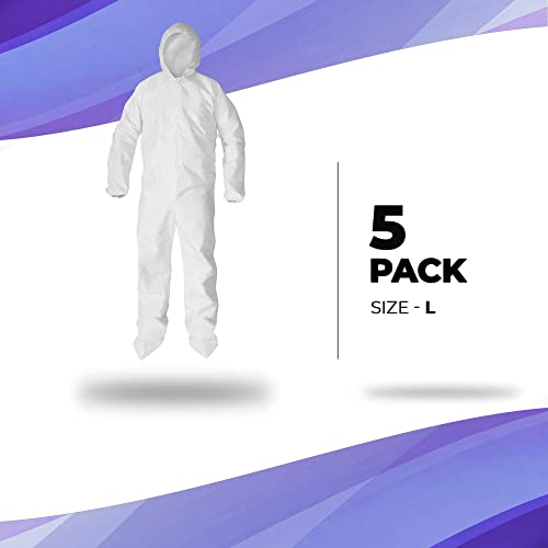 Amz Medical Supply Disposable Coveralls For Men & Women Large. 5 Pack Of 60 Gsm Microporous White Hazmat Suits Disposable. Disposable Hazmat Suit With Hood, Boots, Elastic Wrist, Lower Back, Zipper #TOP1