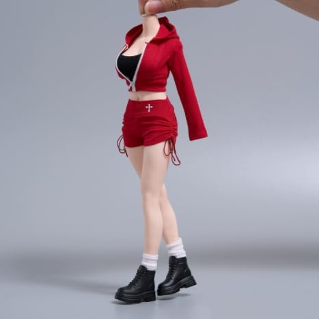 1/6 Scale Female Clothes, Casual Sportswear Drawstring Shorts Set for 12-inches Action Figure Body, Coat & Vest & Shorts & Socks & Boots 1/6 Girl Action Figure Doll Clothing Outfit (red)
