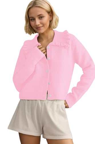 Image of Ythomm Womens Ruffle Collar Cropped Cardigans Button Down Open Front Long Sleeve Knit Sweater Jackets Casual Solid Fall Tops Light Pink