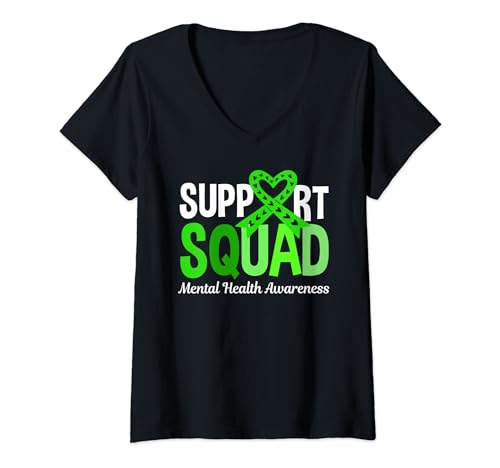 Femme Support Squad Ruban vert de sensibilisation à la santé mentale T-Shirt avec Col en V