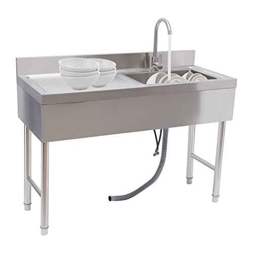 Free Standing Kitchen Sink, Single Bowl Stainless Steel Sink with Drainboard & Faucet Commercial Restaurant Kitchen Sink Set Prep Sink for Restaurant Laundry 47.2x31.5x19.6”