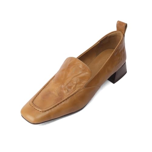 Women's Genuine Leather Plicated Square Toe Handmade Chunky Heel Loafers Pumps Shoes