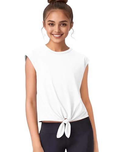 HASMES Girls Crop Tops Cute Athletic Shirts Tank Tops Sleeveless T-Shirt for Dance Yoga Cheer 7-14Y