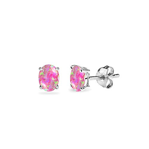 Sterling Silver Synthetic Pink Opal 5x3mm Oval-Cut Solitaire Stud Earrings