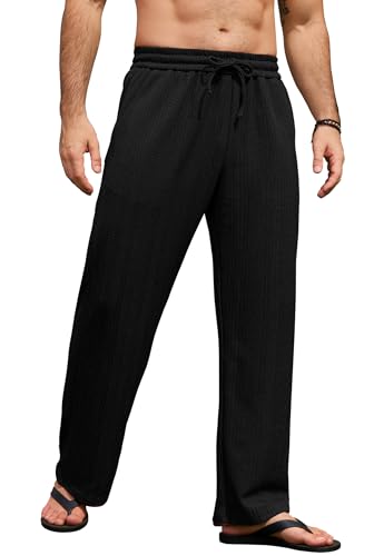 Herberton Mens Yoga Trousers Beach Versatile Pants Deep Side Pockets Open Bottom Fashion Comfy Trendy Soft Loose fit Drawstring Elastic Waist Vacation Textured Knit Sweatpants Black M