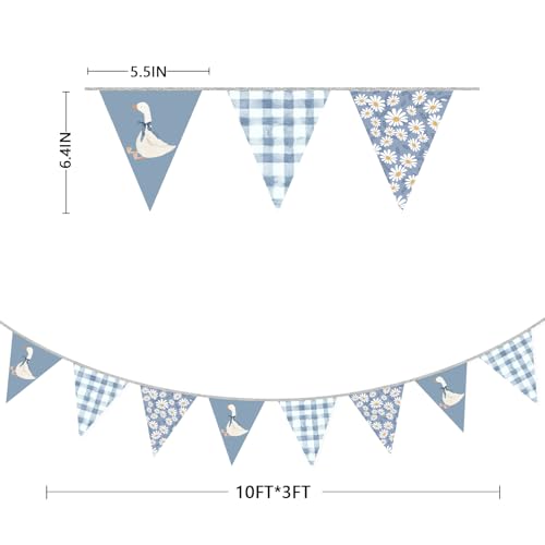 Image of 30 Ft Silly Goose Party Decorations Dusty Blue Buffalo Plaid Floral Daisy Pennant Banner Flag Hanging Paper Triangle Bunting for Silly Goose Birthday Wedding Shower Party Decorations Supplies