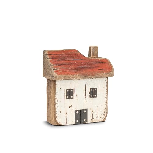 Abbott Collection White & Red Wide Wooden House Decorative Figurine, Small (5.5" H)