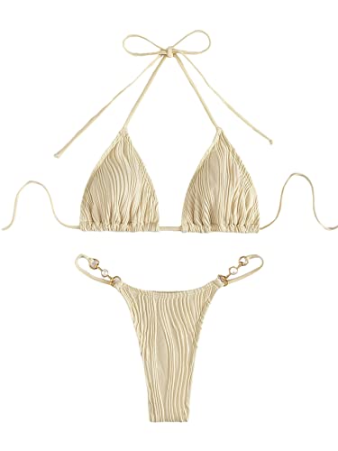 Verdusa Women's 2 Piece Bikini Set Swimsuits Swimwear Halter Triangle Top and Thong Bathing Suit