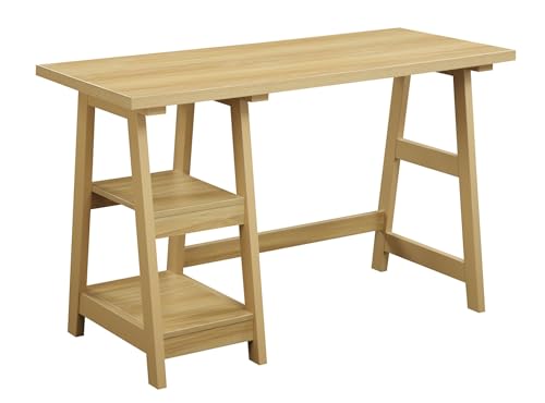 Convenience Concepts Designs2Go Trestle Desk 47" - Modern Desk or Vanity with Shelves, for Office, Den, Dorm, Living Room, Light Oak