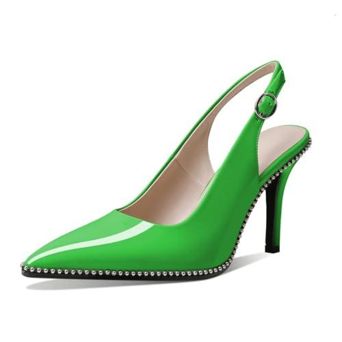 Zamikoo Women Slingback High Heels Beaded Pumps Pointed Toe Slip On 3.5 Inch Stilettos Ankle Strap Patent Leather Shoes US Size 5 -Size 13