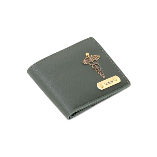 Image of TCG Personalized Name & Charm Imported Leather Mens Wallet | Gifts for Men Husband Boyfriend Employees Clients Colleagues Friend (Olive Green)