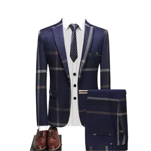 Suit Pants Vest Three Piece Suit Men's Business Casual Three Piece Suit Plaid Jacket Pants Vest(Asian XS is EUR 3XS)