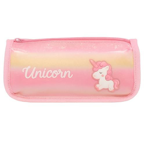 Estojo Escolar Unicórnio Holográfico, Duplo Compartimento | Duas divisórias, 20x6x9cm, Brilhante com Glitter (Rosa)