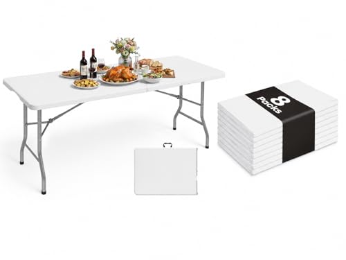 Pureegg 8-Pack White Disposable Plastic Tablecloths (54x108 Inch) & 6FT Folding Table - No Assembly Required, Versatile Dining Table with Carrying Handle