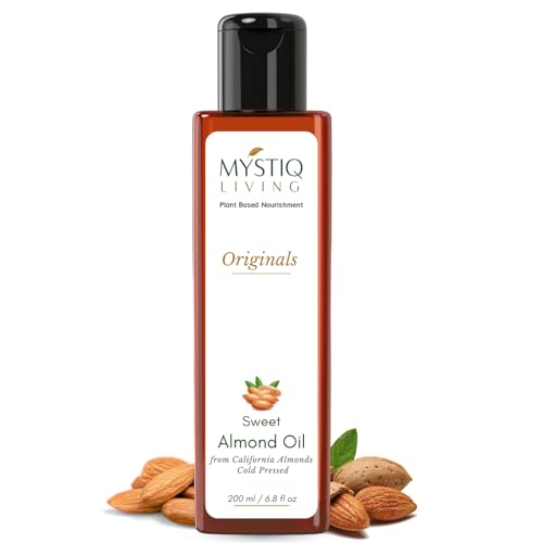 Mystiq Living Sweet Almond Oil for Skin, Hair Growth, Baby Skin and Face, Glowing Skin, Body Massage (Badam Rogan) - 200 ML | 100% Pure Cold Pressed & Organic Face Oil