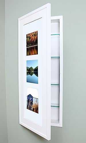 Image of 14x36 Concealed Picture Frame Medicine Cabinet Without Mirror for Bathroom, Recessed in The Wall, Made in North America, Real Wood, NO MDF, Adjustable Shelves, Hidden, White